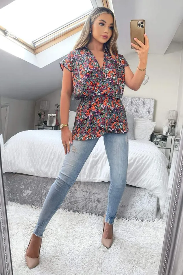 AX Paris Tops Navy And Orange Floral Print Wrap Top