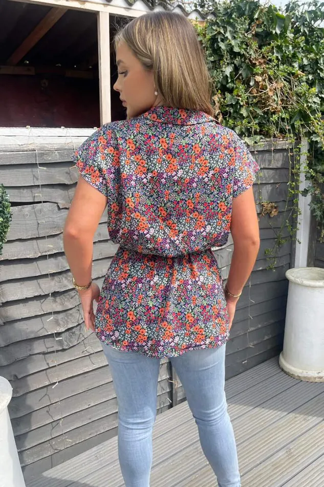 AX Paris Tops Navy And Orange Floral Print Wrap Top