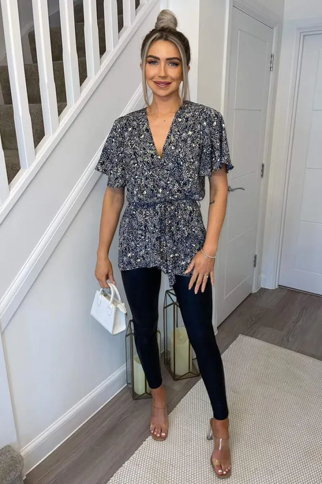 AX Paris Tops Navy Ditsy Print Wrap Short Sleeve Belted Top