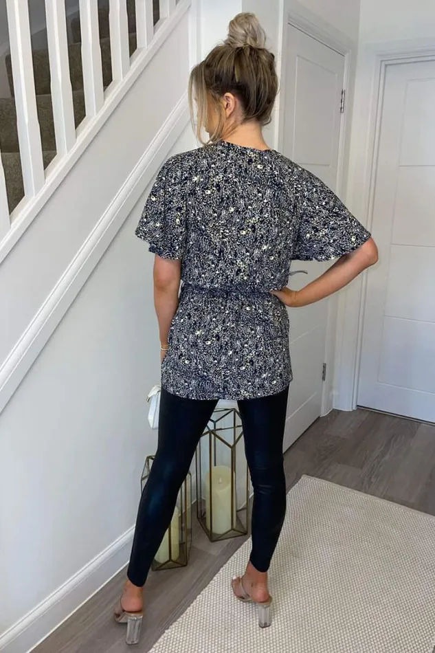AX Paris Tops Navy Ditsy Print Wrap Short Sleeve Belted Top