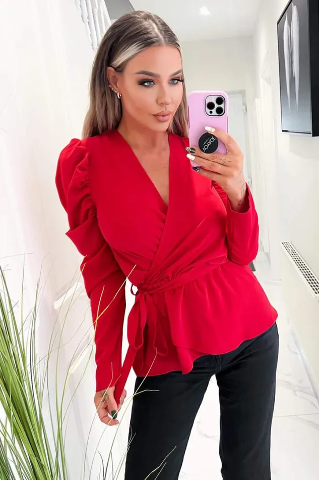 AX Paris Tops Red Belted Wrap Long Sleeve Top