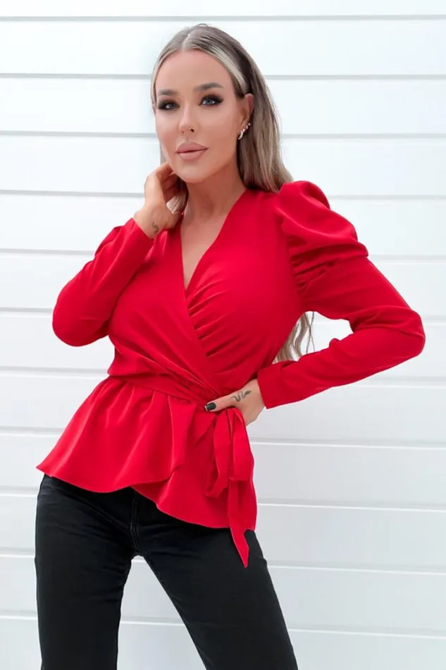 AX Paris Tops Red Belted Wrap Long Sleeve Top