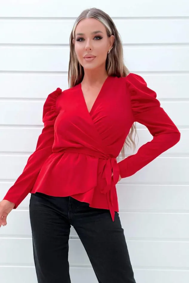 AX Paris Tops Red Belted Wrap Long Sleeve Top