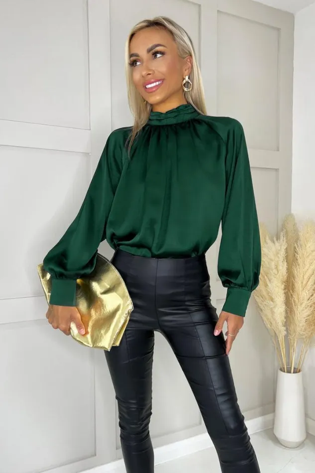 AX Paris Tops Teal High Neck Satin Long Sleeve Top