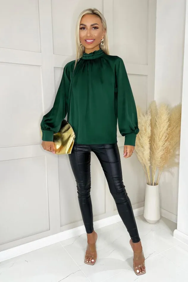 AX Paris Tops Teal High Neck Satin Long Sleeve Top