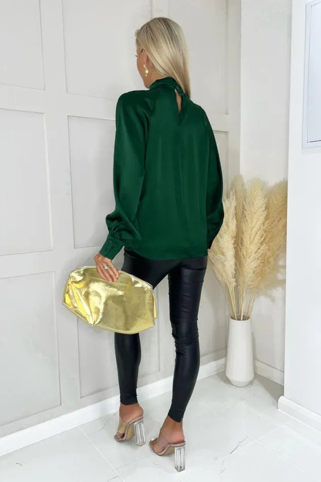 AX Paris Tops Teal High Neck Satin Long Sleeve Top