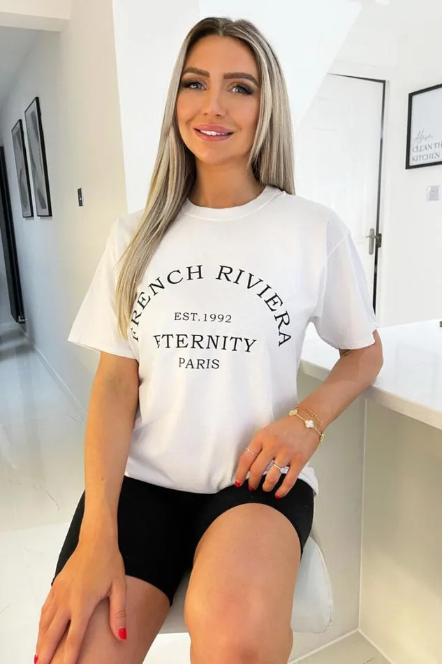 AX Paris Tops White French Riviera Slogan TShirt