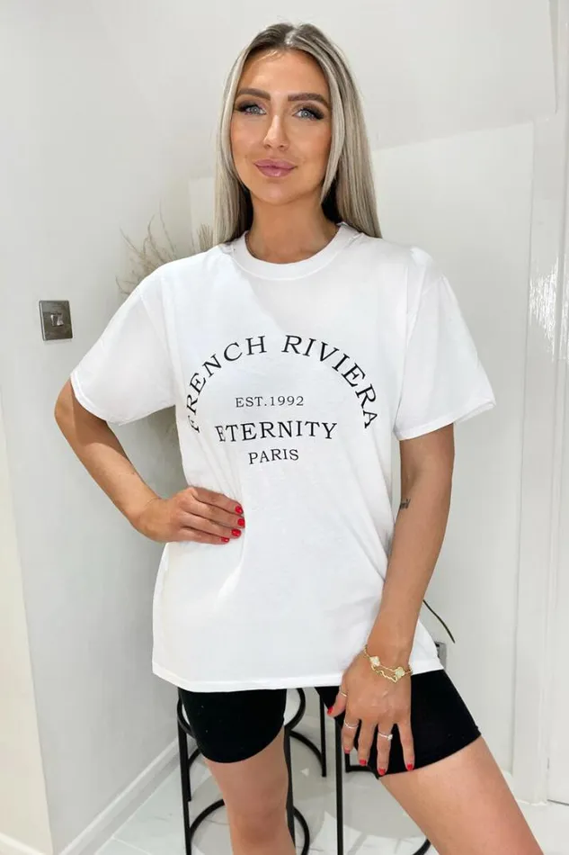 AX Paris Tops White French Riviera Slogan TShirt