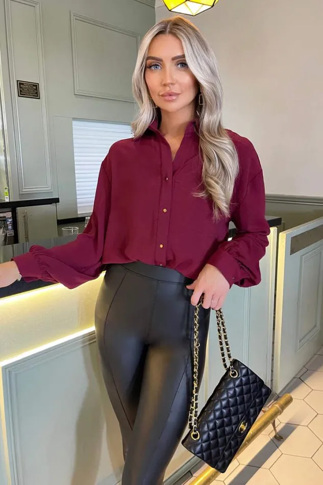 AX Paris Tops Wine Long Sleeve Gold Button Front Shirt