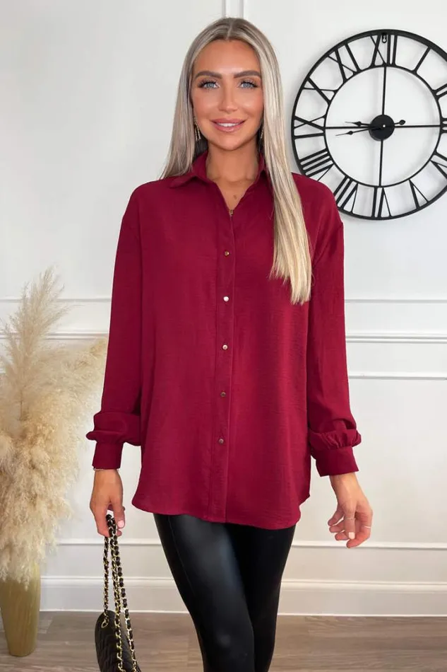 AX Paris Tops Wine Long Sleeve Gold Button Front Shirt