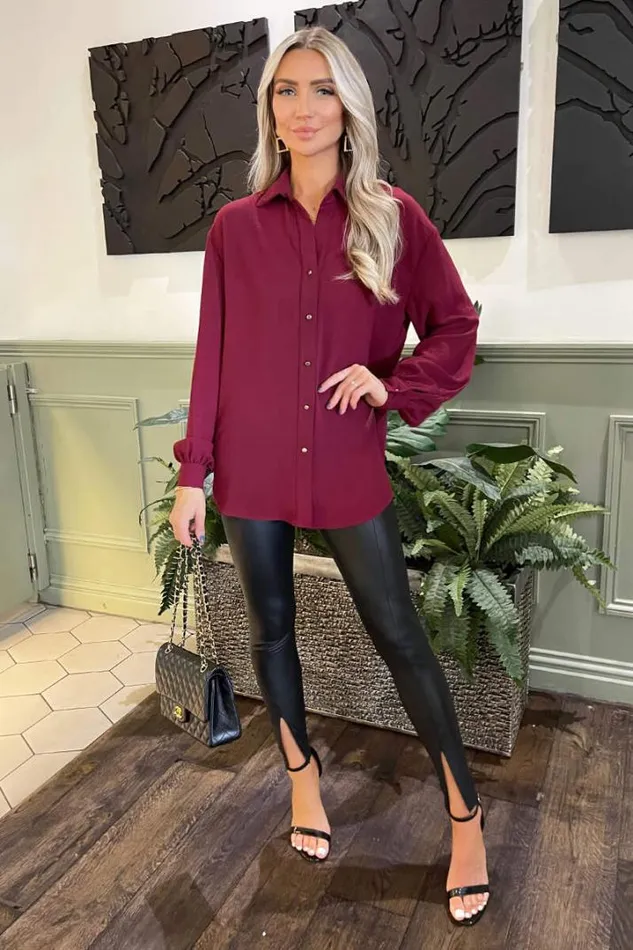 AX Paris Tops Wine Long Sleeve Gold Button Front Shirt
