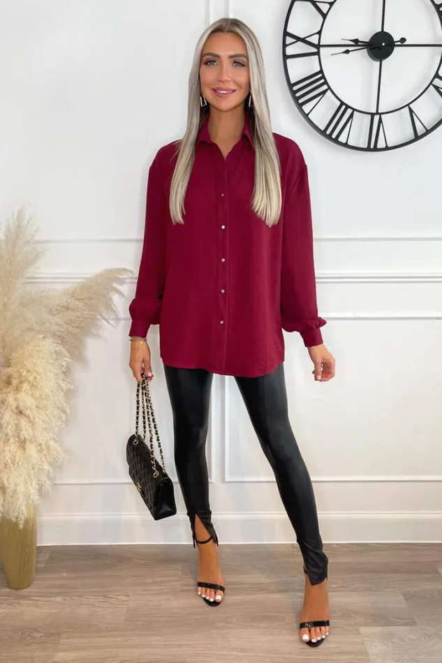 AX Paris Tops Wine Long Sleeve Gold Button Front Shirt