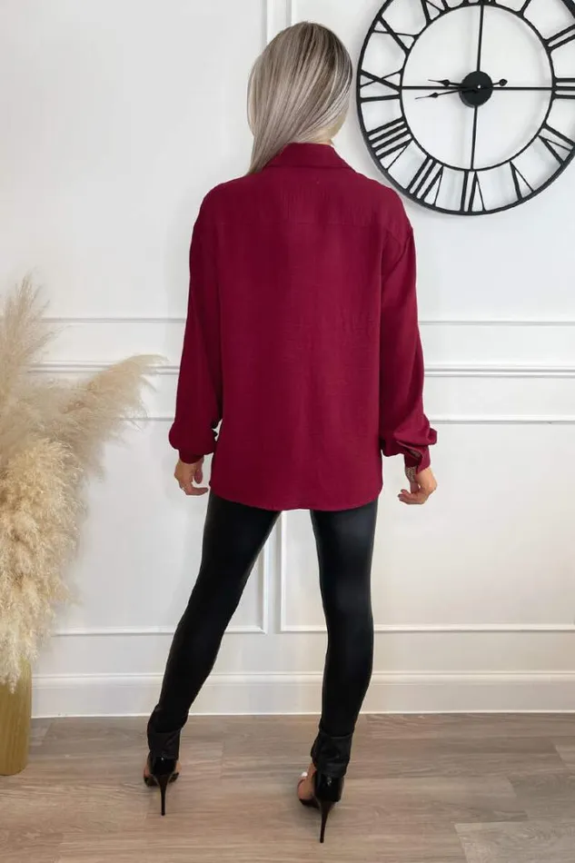 AX Paris Tops Wine Long Sleeve Gold Button Front Shirt