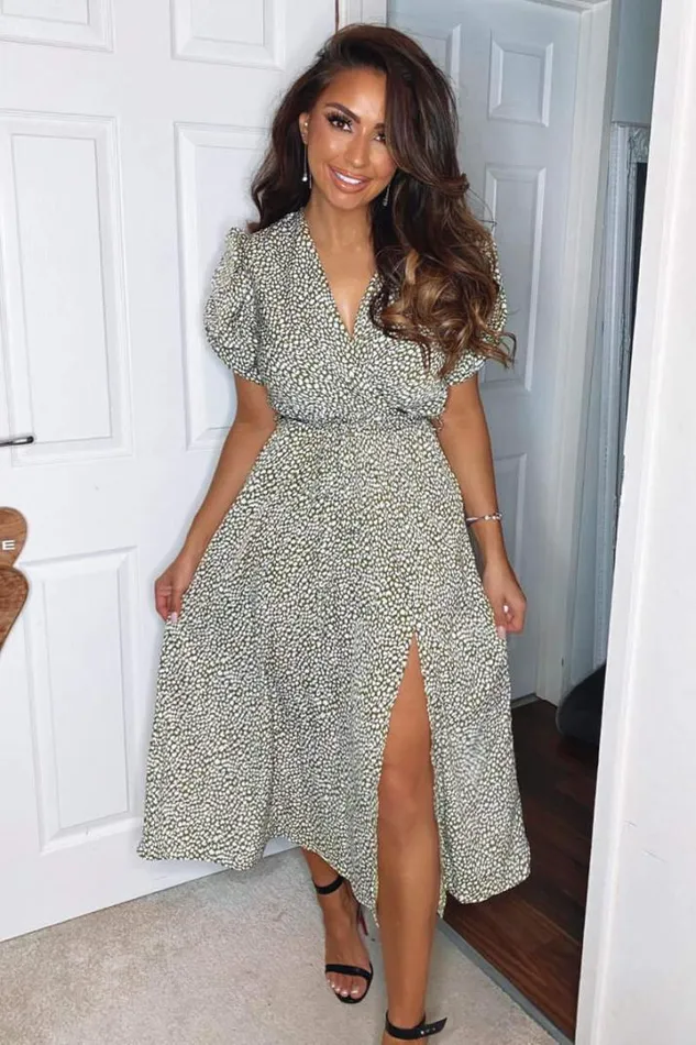 AX Paris Wedding Guest Dresses Olive Printed Tie Waist Midi Dress