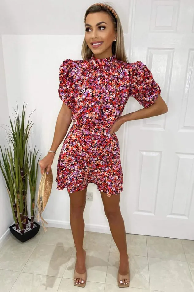AX Paris Wedding Guest Dresses Red Abstract Floral Puff Sleeve Skater Dress