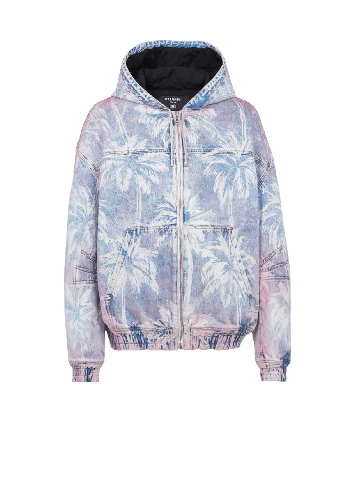 Balmain Denim Men Denim Hooded Bomber Jacket With Palm Tree Print Blue