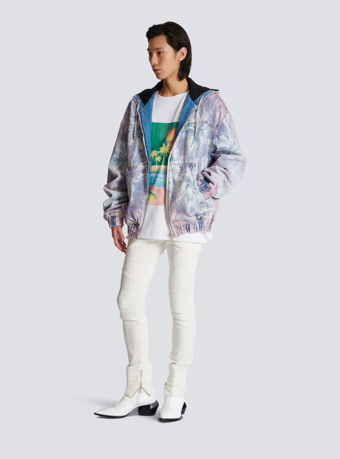 Balmain Denim Men Denim Hooded Bomber Jacket With Palm Tree Print Blue