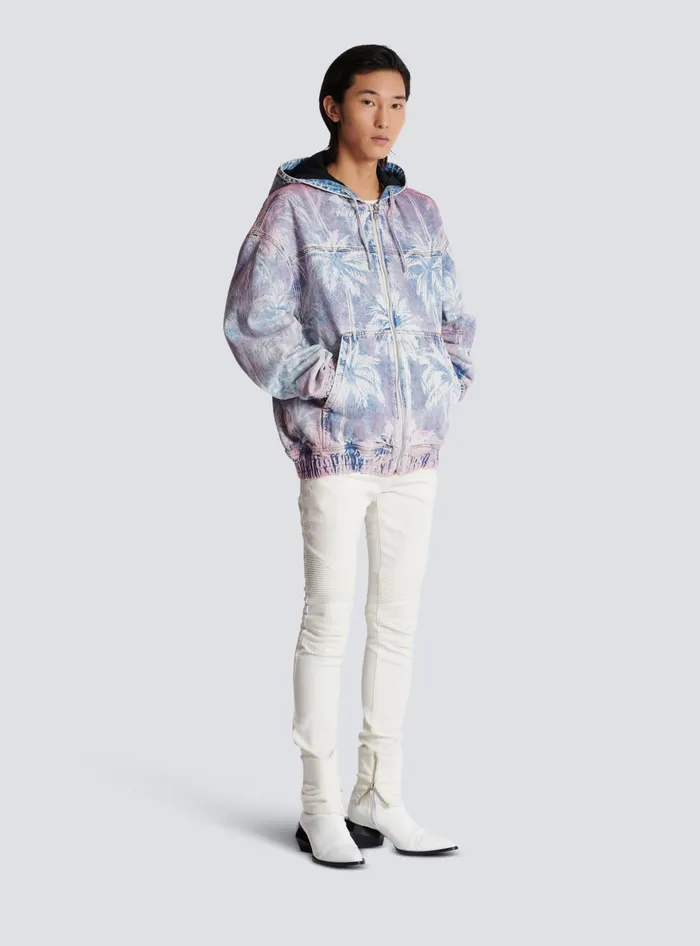 Balmain Denim Men Denim Hooded Bomber Jacket With Palm Tree Print Blue