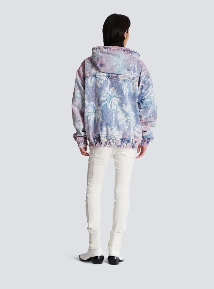 Balmain Denim Men Denim Hooded Bomber Jacket With Palm Tree Print Blue