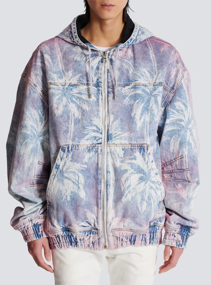 Balmain Denim Men Denim Hooded Bomber Jacket With Palm Tree Print Blue