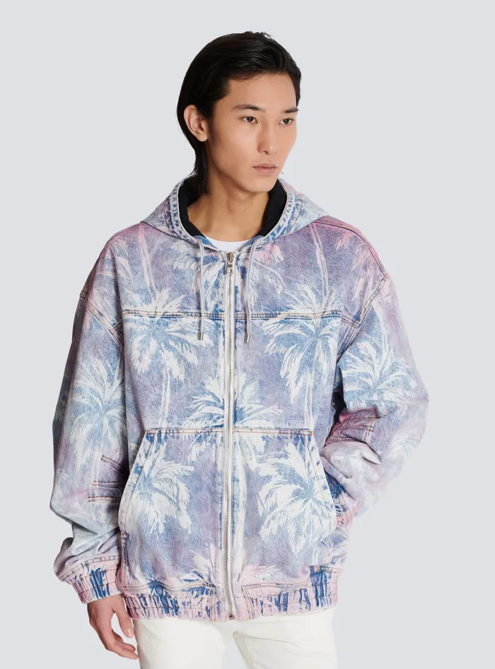 Balmain Denim Men Denim Hooded Bomber Jacket With Palm Tree Print Blue
