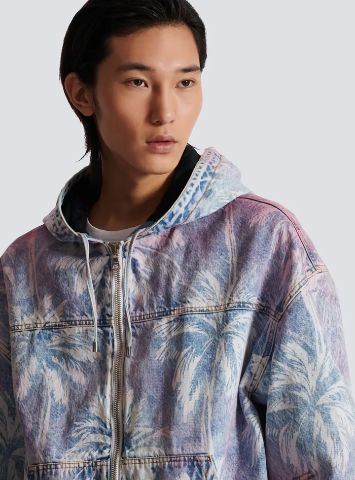 Balmain Denim Men Denim Hooded Bomber Jacket With Palm Tree Print Blue