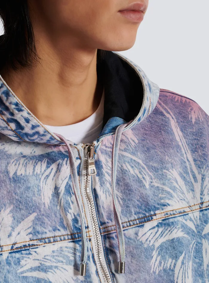 Balmain Denim Men Denim Hooded Bomber Jacket With Palm Tree Print Blue