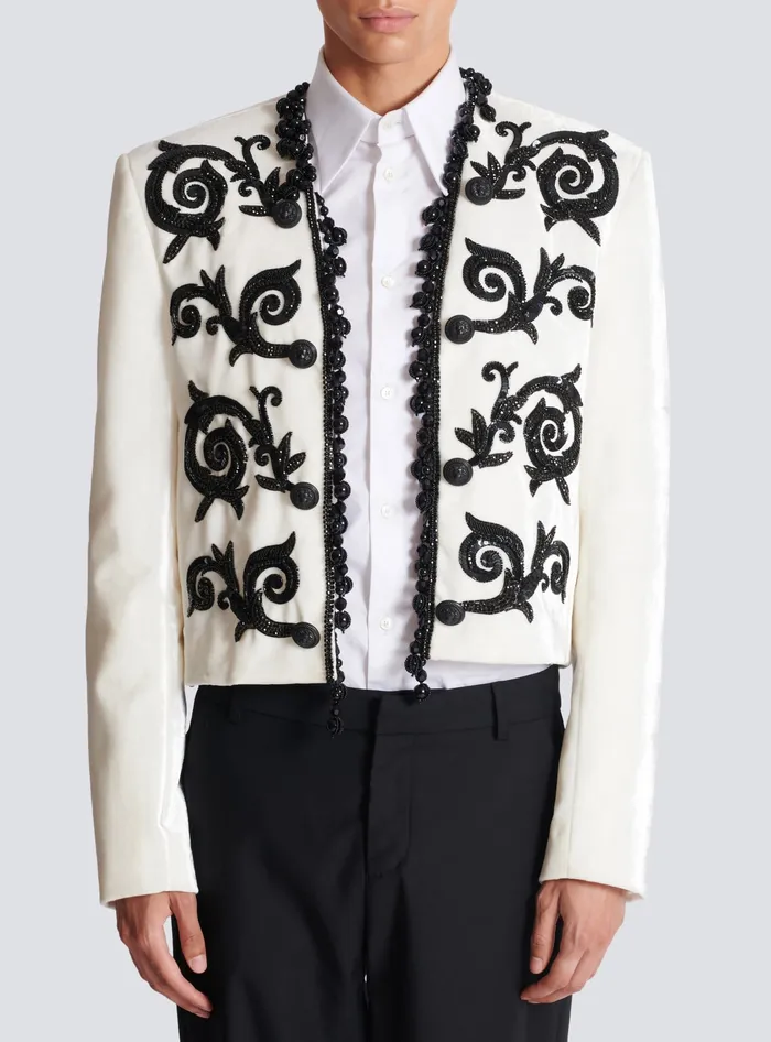 Balmain Jackets And Blazers Men Embroidered Velvet Spencer Jacket White