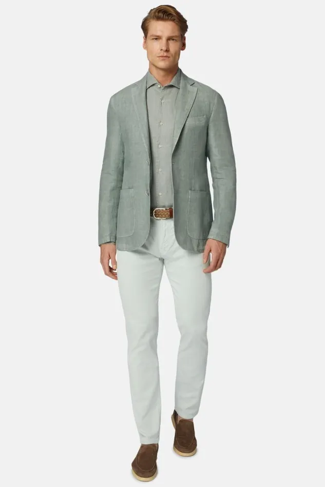 Blazers Men Boggi Milano Green Herringbone Linen Jacket Green
