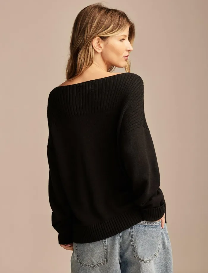 Boatneck Pullover Sweater Dark Black Women Lucky Brand Sweaters and Sweatshirts