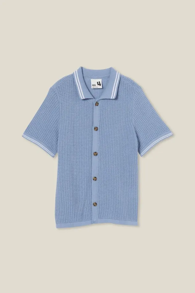 Boys Shirts Cotton On Knitted Short Sleeve Shirt Dusty Bluewaffle Knit