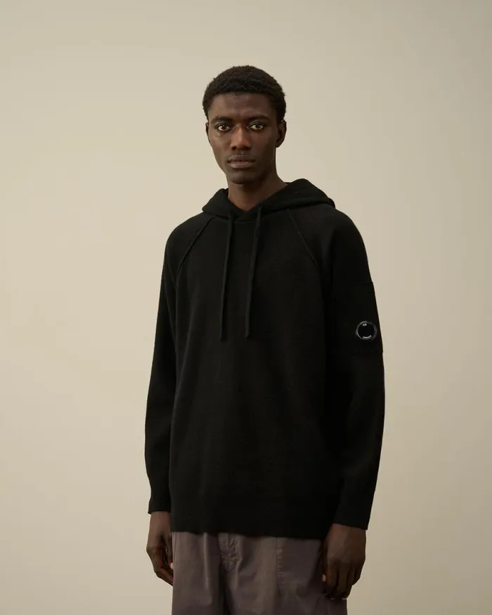 CP Company Jumpers Lambswool GRS Hooded Waffle Knit Black 8211 Man