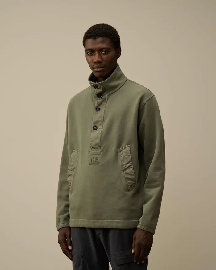 CP Company Sweatshirts Diagonal Fleece Mixed Half Buttoned Sweatshirt Grape Leaf Green 8211 Man