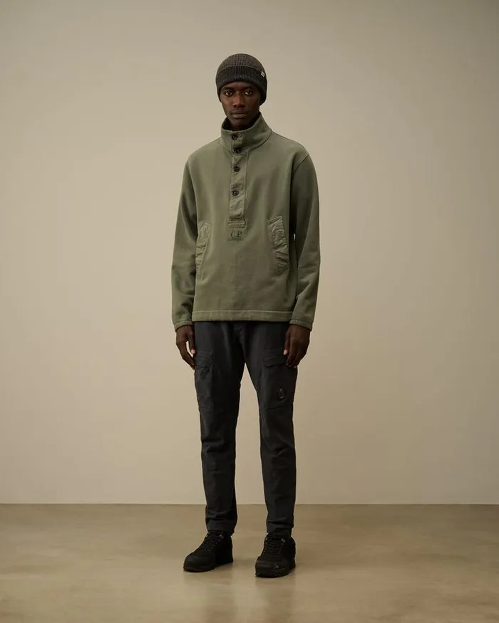 CP Company Sweatshirts Diagonal Fleece Mixed Half Buttoned Sweatshirt Grape Leaf Green 8211 Man