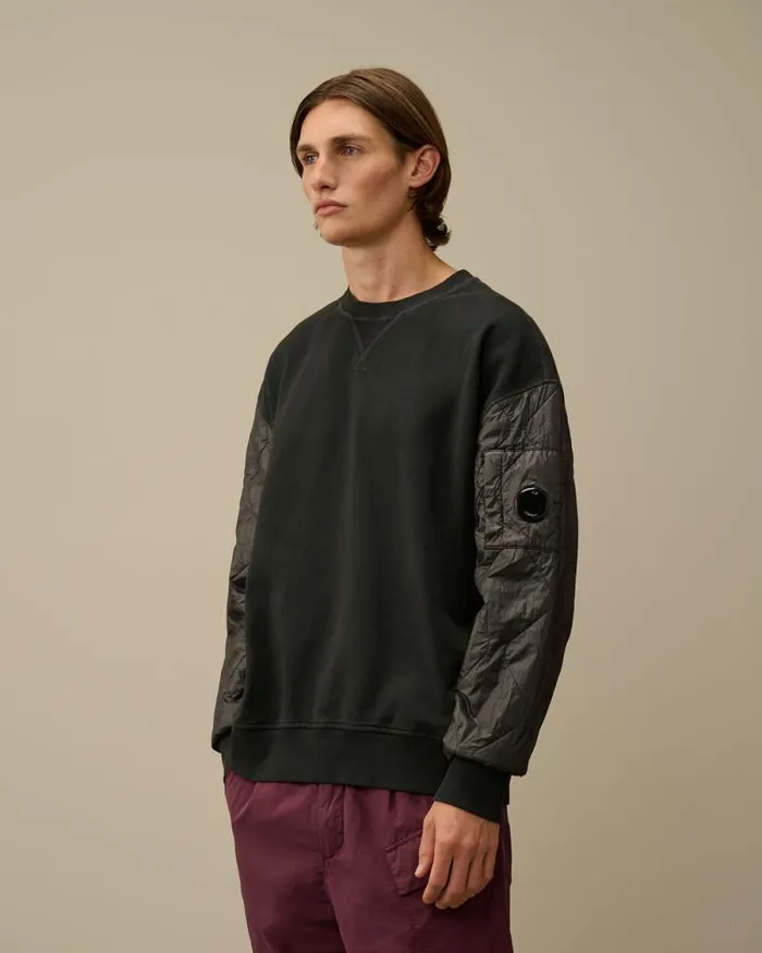 CP Company Sweatshirts Diagonal Raised Fleece Mixed Quilted Crew Neck Sweatshirt Black Sand 8211 Man