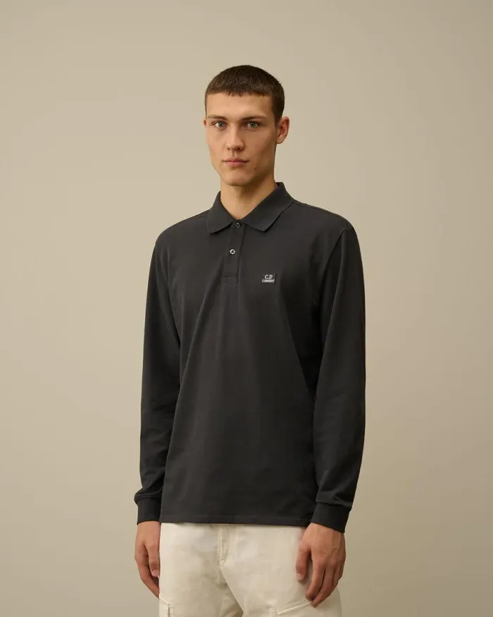 CP Company Tshirts and Polo Stretch Piquet Longsleeve Logo Polo Black Sand 8211 Man