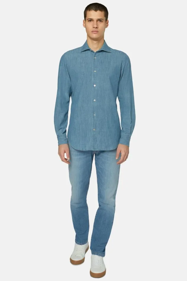 Casual Shirts Men Boggi Milano Regular Fit Cotton Denim Shirt Indigo