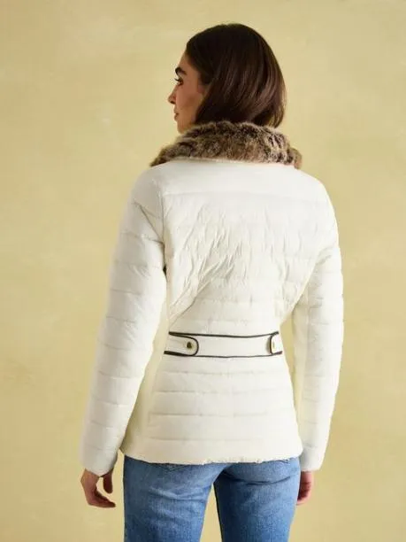 Coats and Jackets Women Joules White Padded Showerproof Jacket With Faux Fur Trim