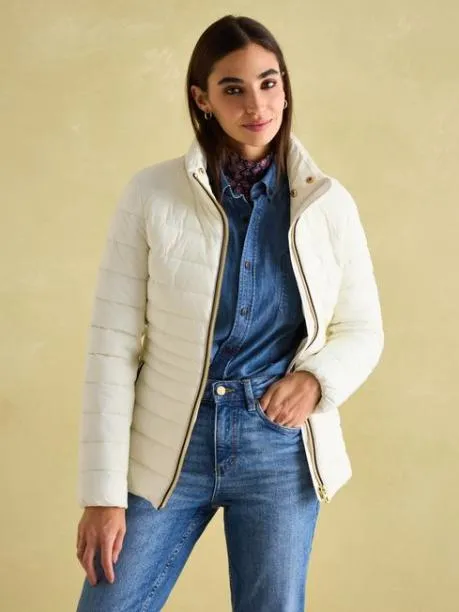 Coats and Jackets Women Joules White Padded Showerproof Jacket With Faux Fur Trim
