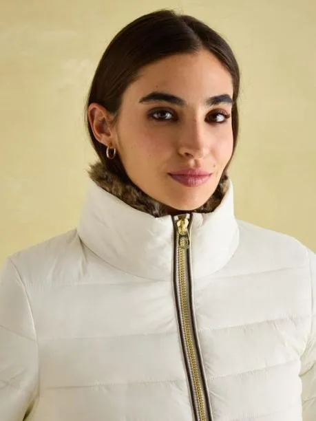 Coats and Jackets Women Joules White Padded Showerproof Jacket With Faux Fur Trim