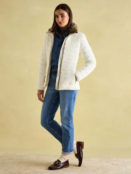Coats and Jackets Women Joules White Padded Showerproof Jacket With Faux Fur Trim