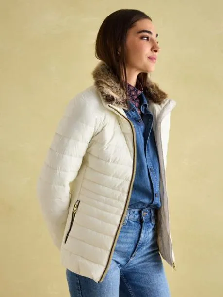 Coats and Jackets Women Joules White Padded Showerproof Jacket With Faux Fur Trim