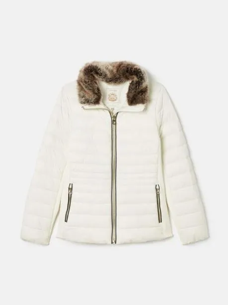 Coats and Jackets Women Joules White Padded Showerproof Jacket With Faux Fur Trim