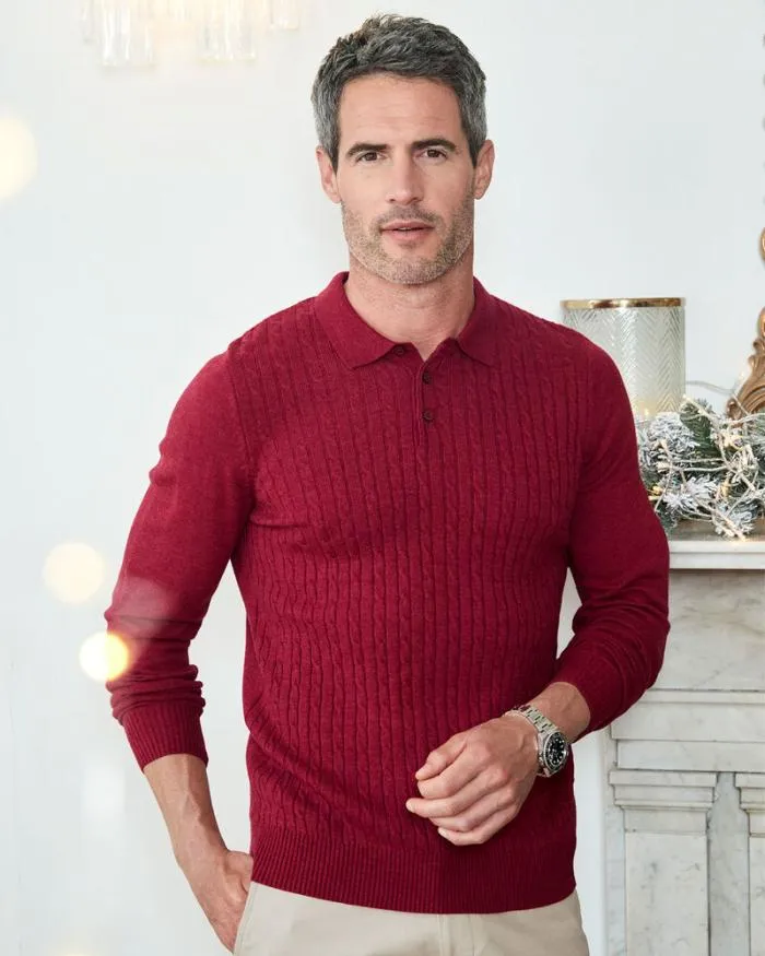 Cotton Traders Knitwear Long Sleeve Luxury Soft Touch Cable Polo 8211 Men