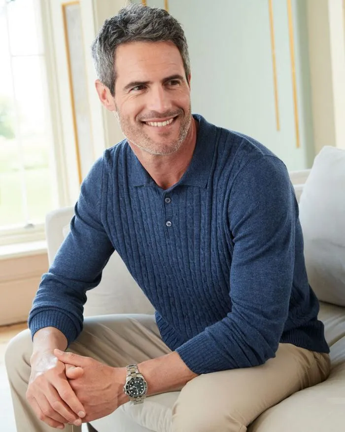 Cotton Traders Knitwear Long Sleeve Luxury Soft Touch Cable Polo 8211 Men