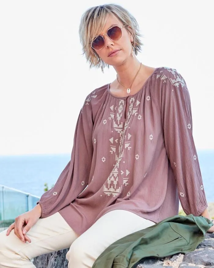 Cotton Traders Shirts and Blouses Embroidered Crinkle Long Sleeve Blouse 8211 Women