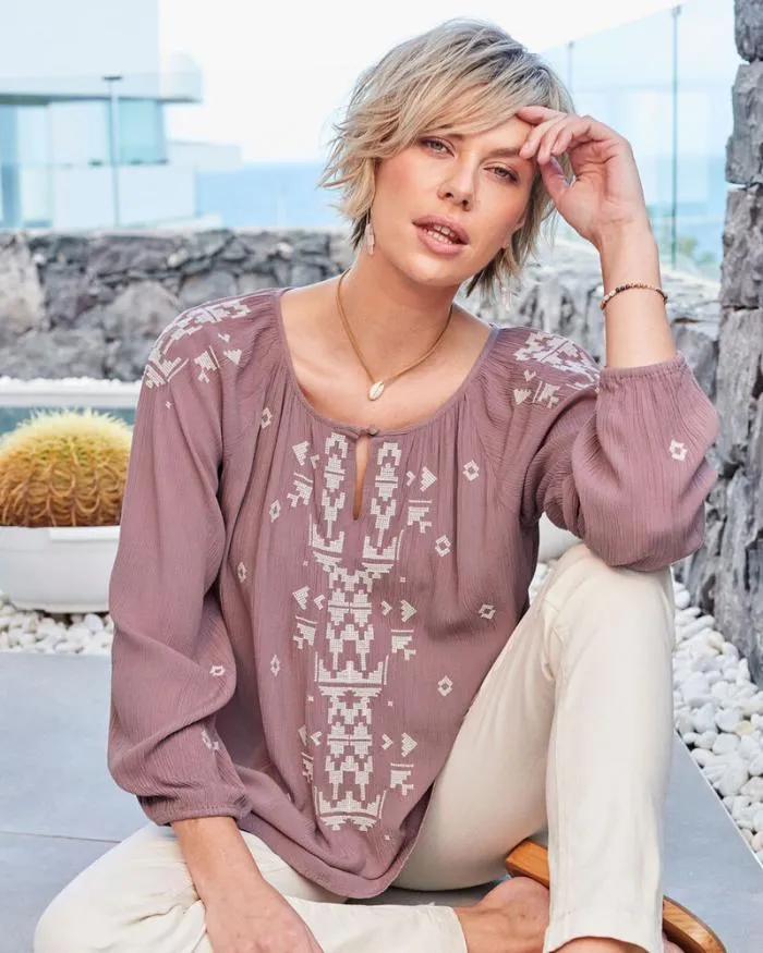 Cotton Traders Shirts and Blouses Embroidered Crinkle Long Sleeve Blouse 8211 Women