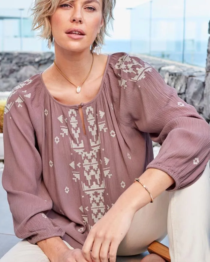 Cotton Traders Shirts and Blouses Embroidered Crinkle Long Sleeve Blouse 8211 Women