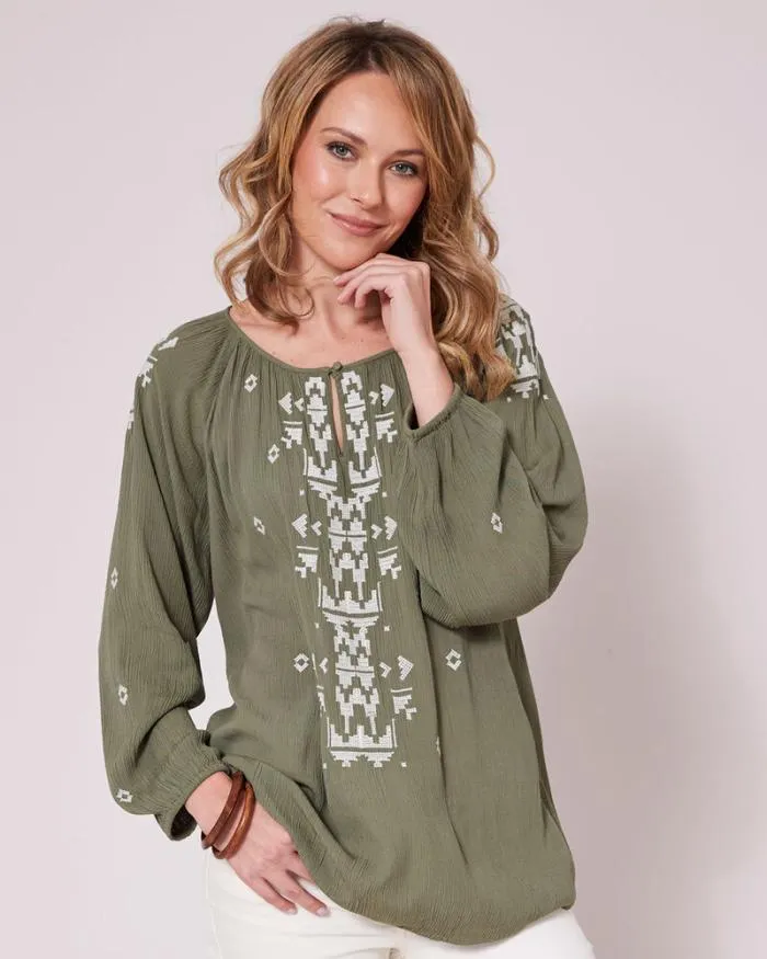 Cotton Traders Shirts and Blouses Embroidered Crinkle Long Sleeve Blouse 8211 Women