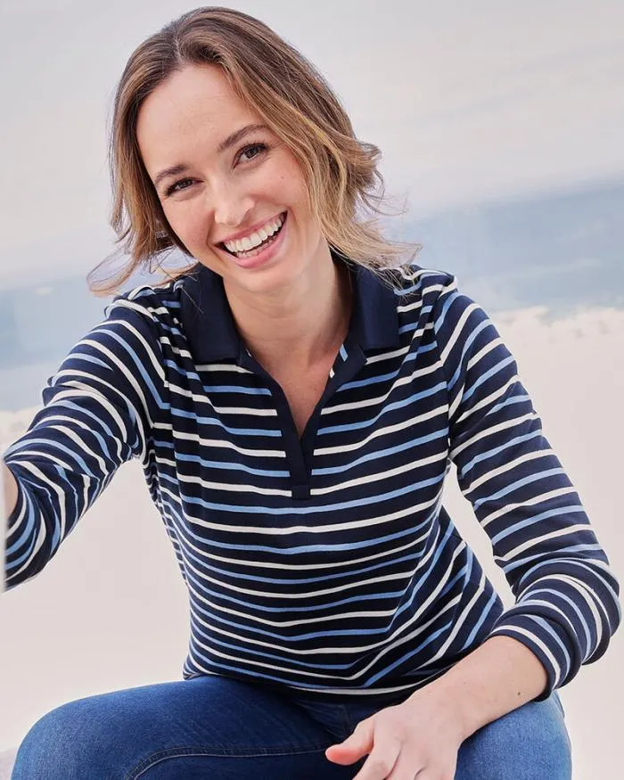 Cotton Traders Tops and TShirts Wrinkle Free Long Sleeve Stripe Polo Top 8211 Women